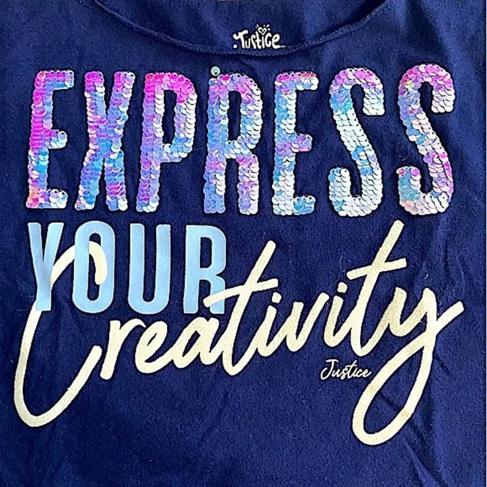 🌴 Justice “Express Your Creativity” Flip Sequin Crop Tee Navy Blue Girls 10